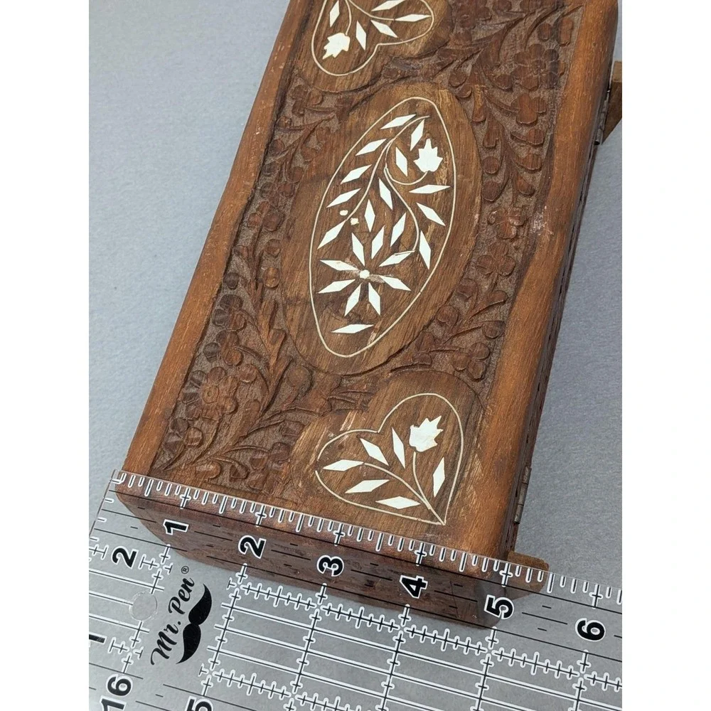 Inlaid Wooden Trinket Jewelry Box Red Velvet India Vintage